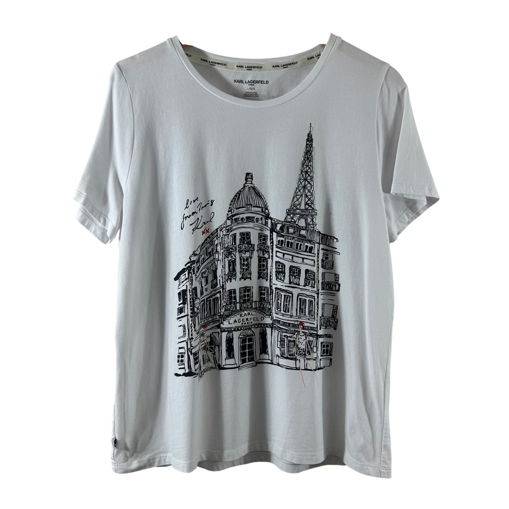Karl Lagerfeld Paris‎ Womens White Love From Paris Graphic Rhinestone T-Shirt L
